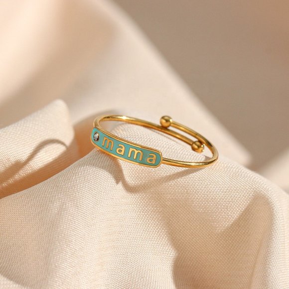 Light Blue Mint Enamel‎ Mama Adjustable Zircon Stackable Ring 18K Gold Plated - Picture 3 of 9